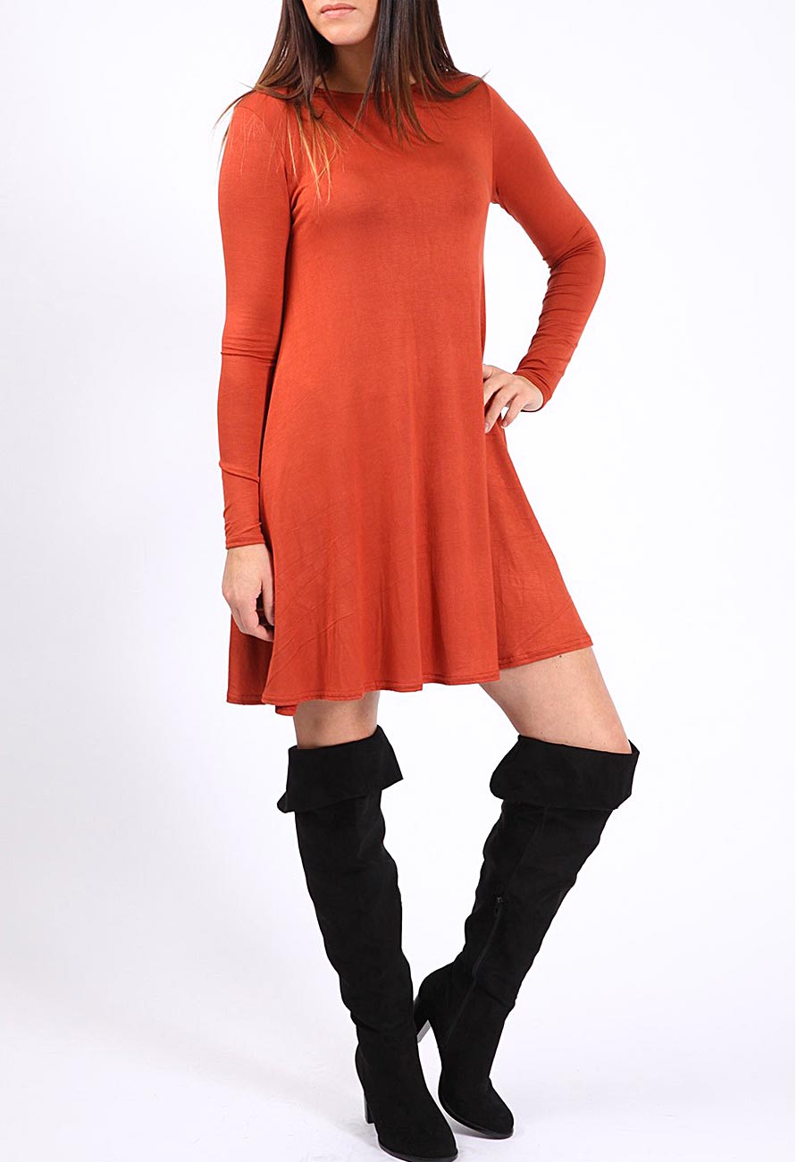 Rust Long Sleeve Mini Swing Dress