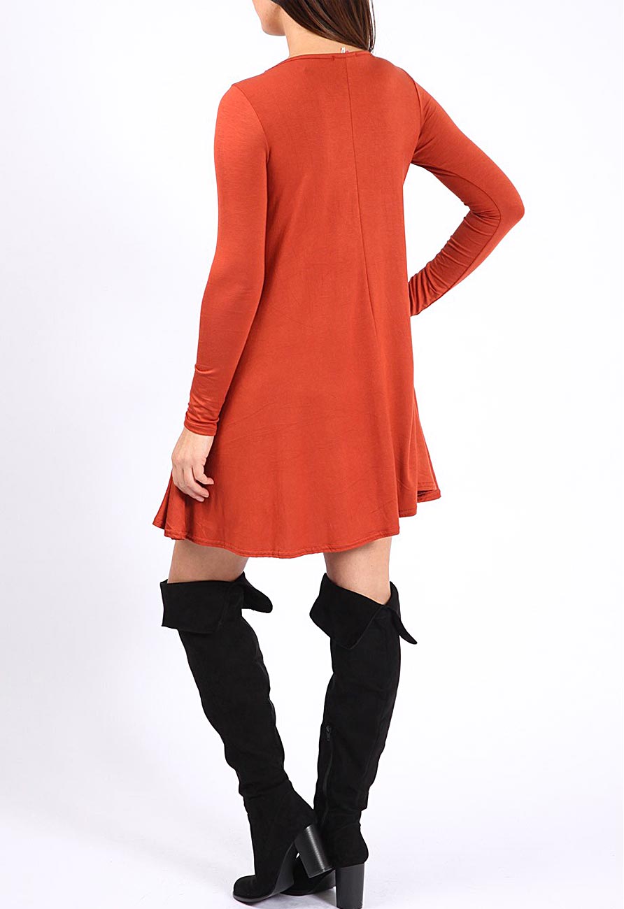 Rust Long Sleeve Mini Swing Dress