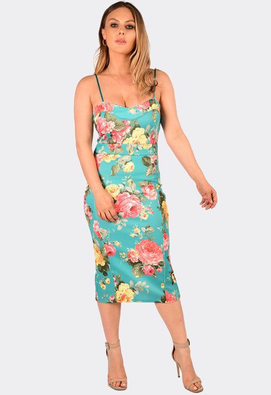 Green Strappy Floral Print Midi Bodycon Dress