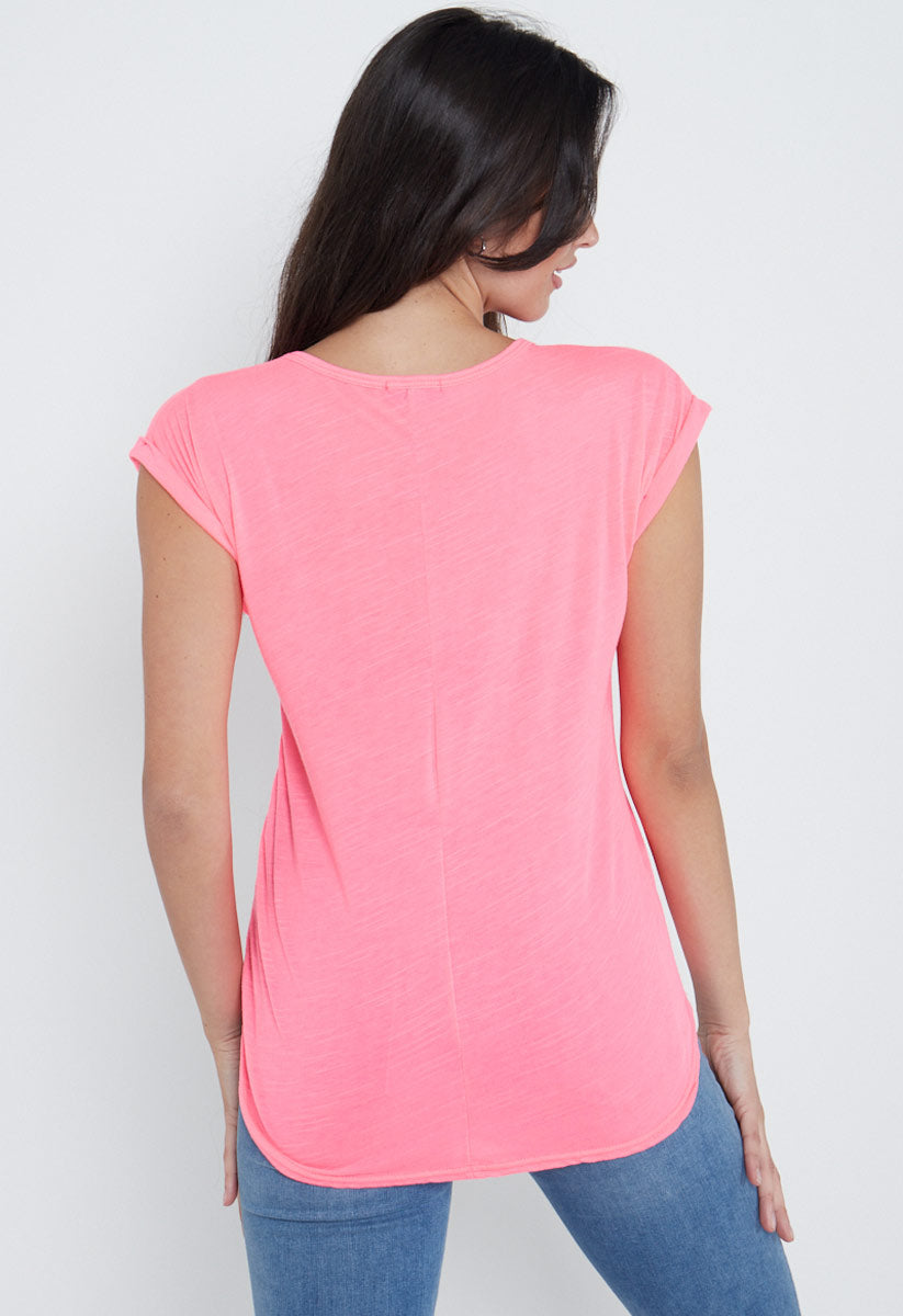 Neon Pink Dip Hem Turn Up Sleeve Tee