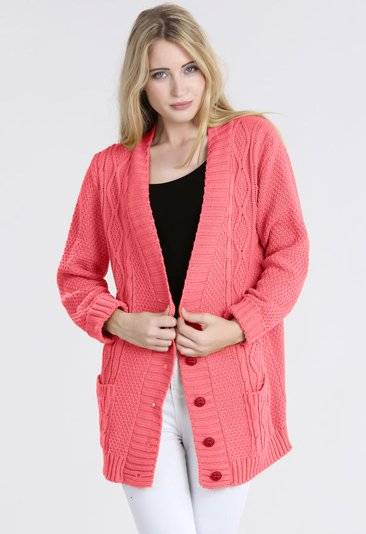 Coral Cable Knit Pocket Cardigan