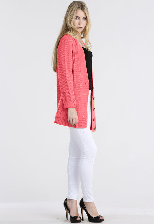 Coral Cable Knit Pocket Cardigan