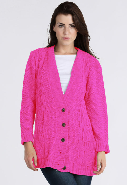 Fuchsia Cable Knit Pocket Cardigan