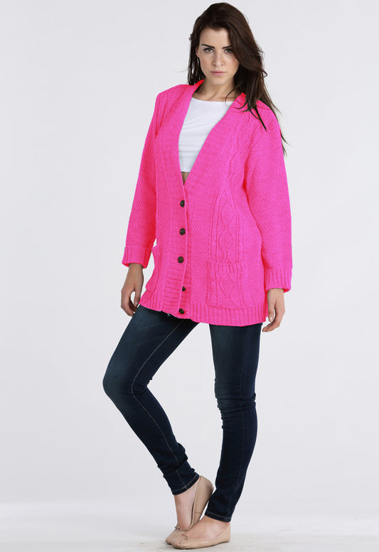 Fuchsia Cable Knit Pocket Cardigan