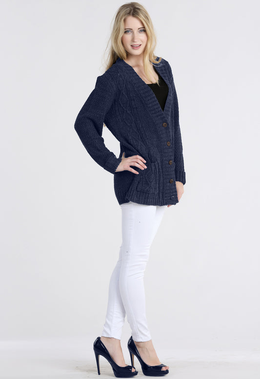 Navy Chunky Cable Knit Pocket Cardigan