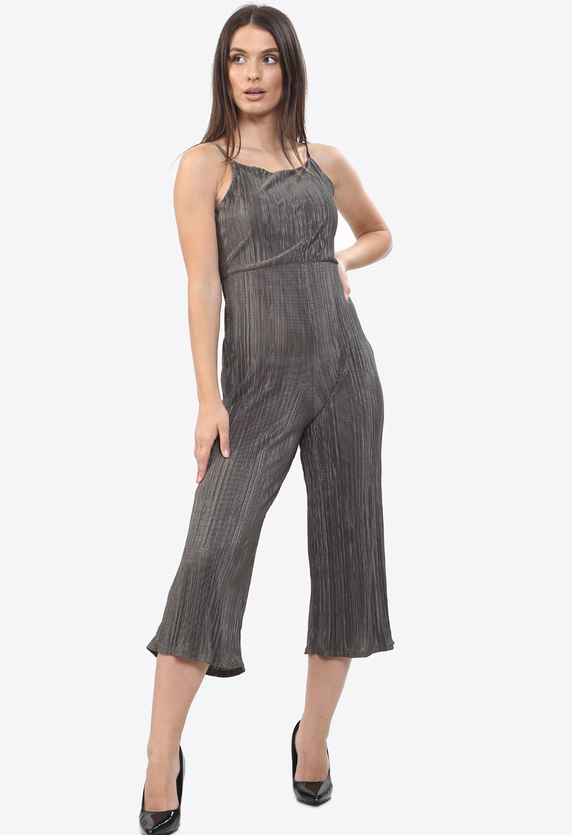 Khaki Plisse Open Tie Back Stappy Jumpsuit