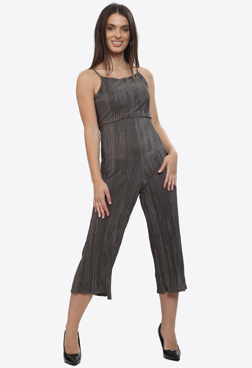 Khaki Plisse Open Tie Back Stappy Jumpsuit