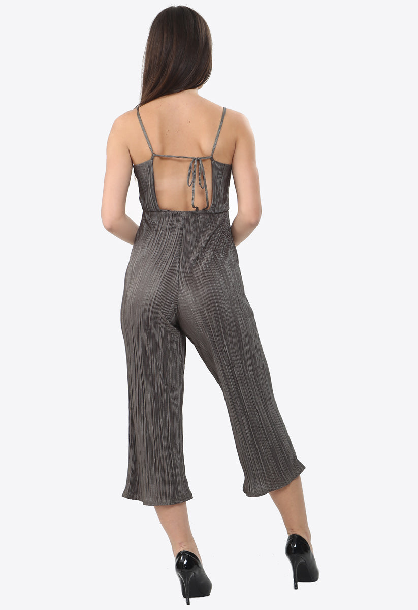 Khaki Plisse Open Tie Back Stappy Jumpsuit