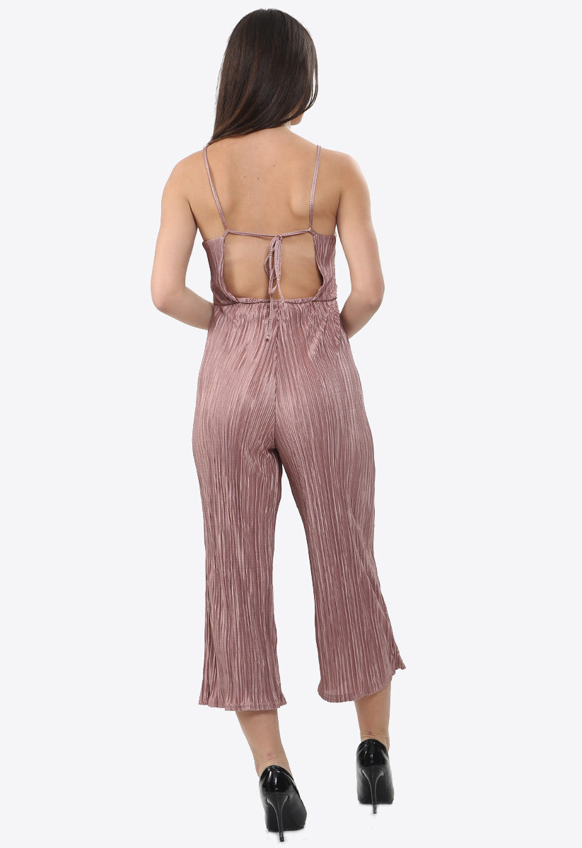 Rose Gold Plisse Open Tie Back Stappy Jumpsuit