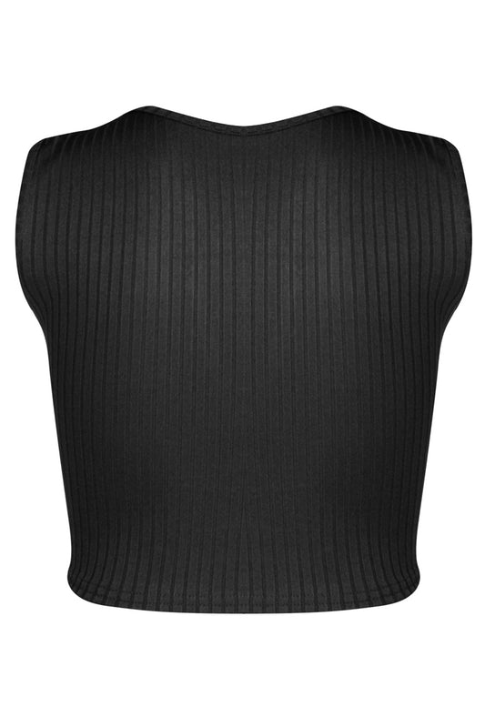 Black Rib Lattice Sleeveless Crop Top