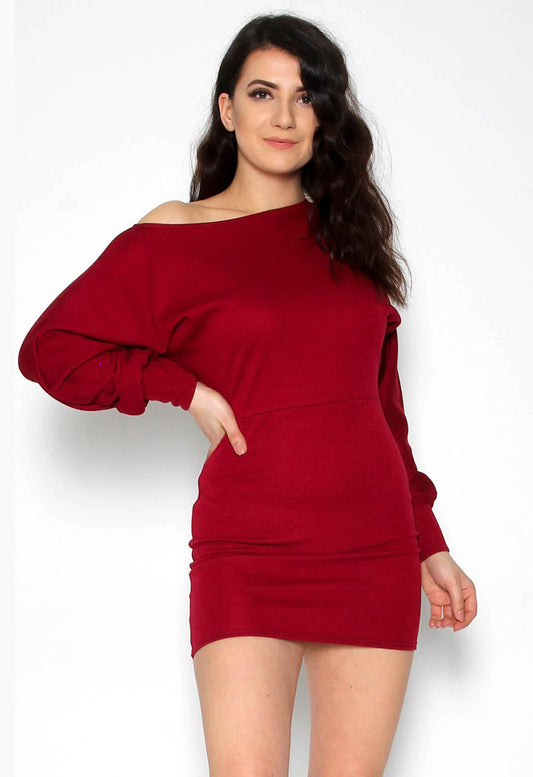 Wine Off Shoulder Ponte Mini Bodycon Dress