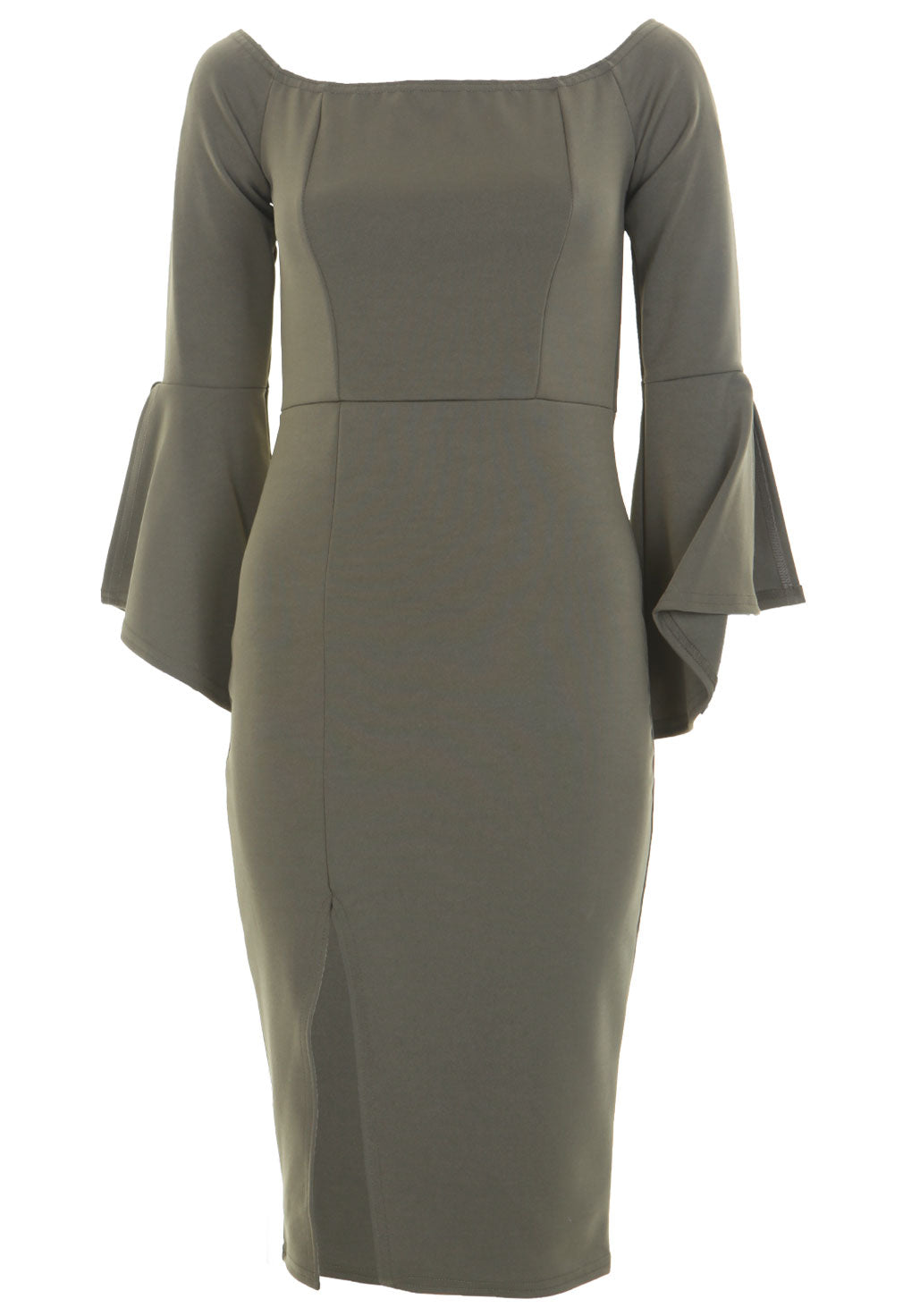 Khaki Bell Sleeve Bardot Split Hem Midi Dress