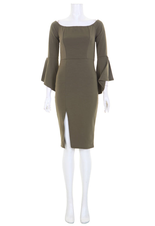 Khaki Bell Sleeve Bardot Split Hem Midi Dress