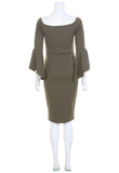 Khaki Bell Sleeve Bardot Split Hem Midi Dress