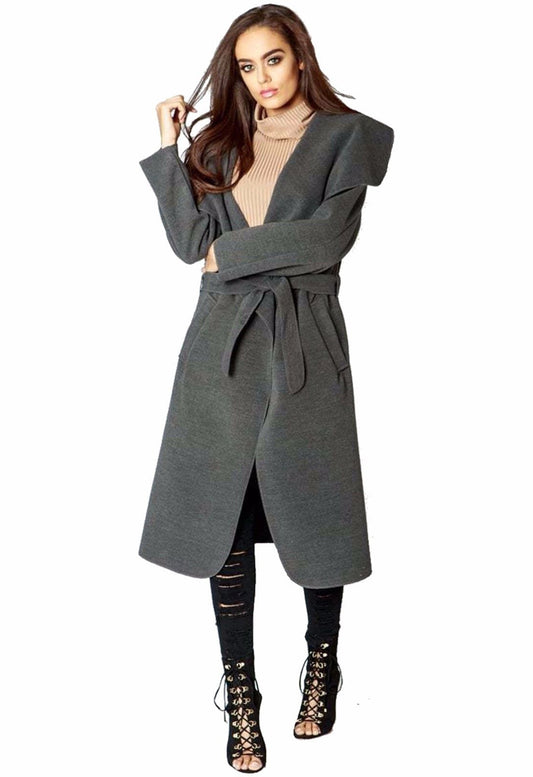 Charcoal Waterfall Collar Belted Duster Coat