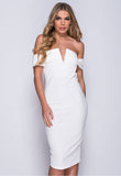 White V Front Bardot Midi Bodycon Dress