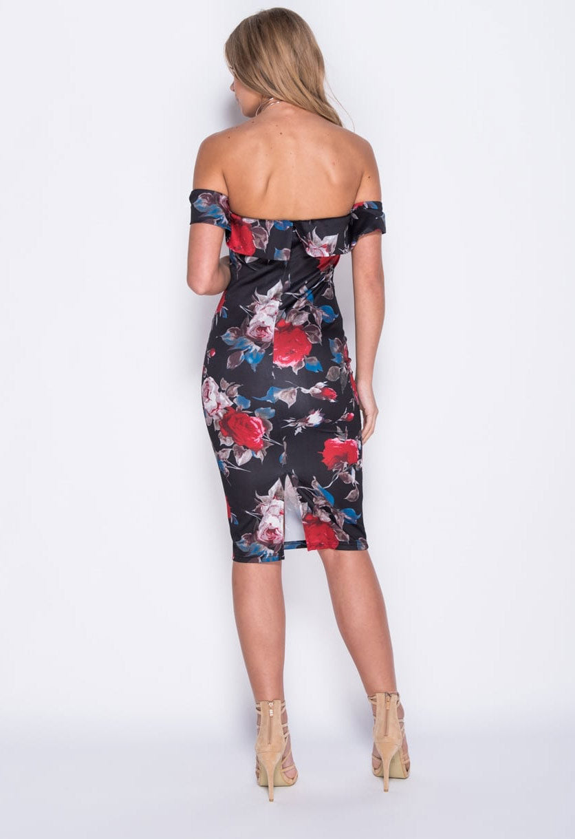 Floral Rose Print Bardot Midi Bodycon Dress