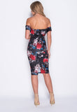 Floral Rose Print Bardot Midi Bodycon Dress