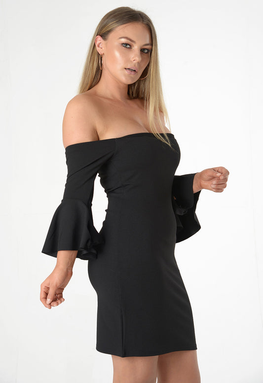 Black Bell Sleeve Off Shoulder Bodycon Mini Dress