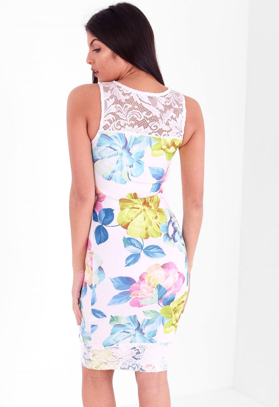 Pink Rose Lace Insert Print Midi Bodycon Dress