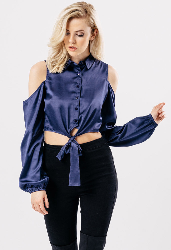 Navy Satin Cold Shoulder Collared Tie Waist Crop Top