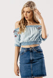 Light Wash Embroidered Shoulder Bardot Crop Top