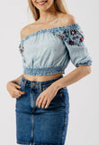 Light Wash Embroidered Shoulder Bardot Crop Top