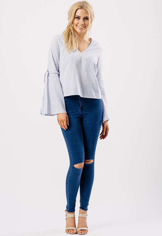 Blue Stripe V Neck Tie Fasten Flare Sleeve Top