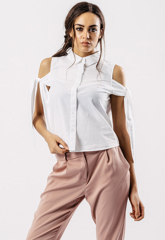 White Cold Shoulder Tie Sleeve Top