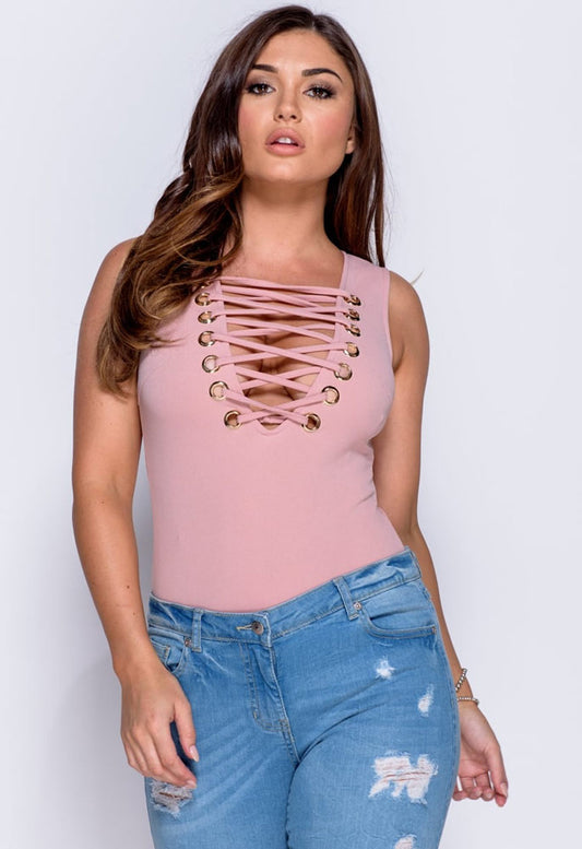 Rose Pink Lace Up Front Eyelet Detail Bodysuit