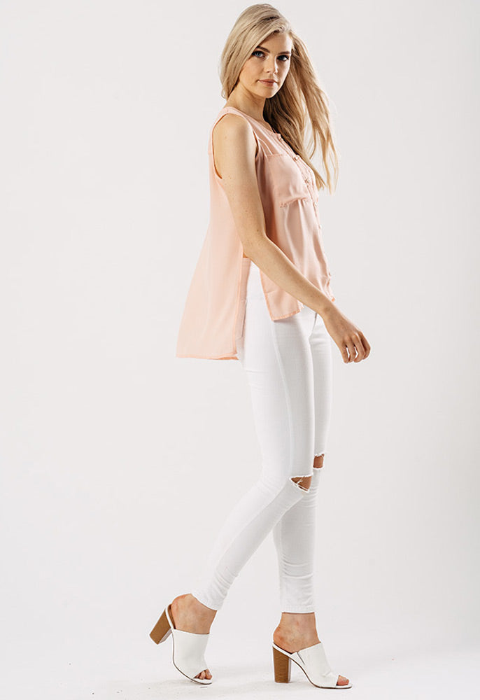 Blush Popper Front Vest With Patch Pockets