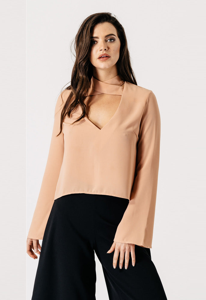 Nude Flared Long Sleeve Cross Neck Blouse