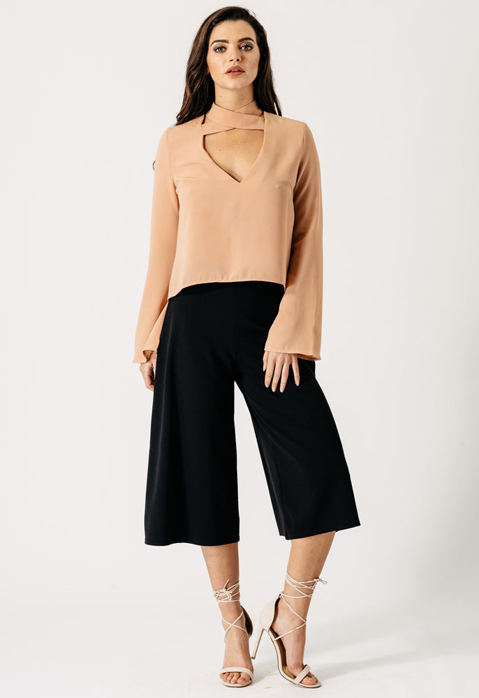 Nude Flared Long Sleeve Cross Neck Blouse