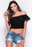 Black Crochet Lace Trim Bardot Crop Top