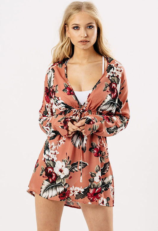 Pink Floral Sheer Beach Mini Dress