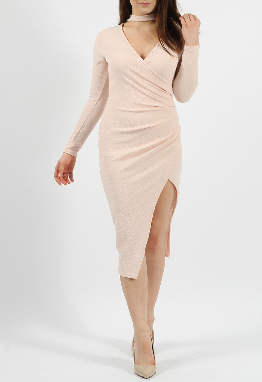 Nude Choker Assymetric Wrap Midi Dress