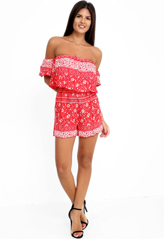 Red Floral Print Layered Bardot Playsuit