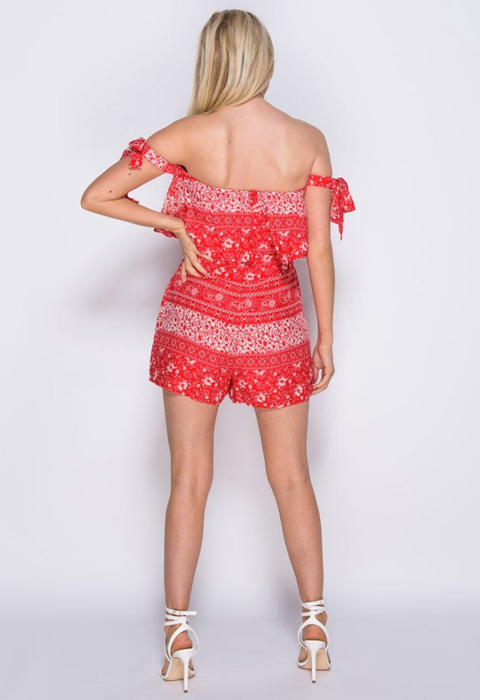 Red Layered Bardot Floral Print Playsuit