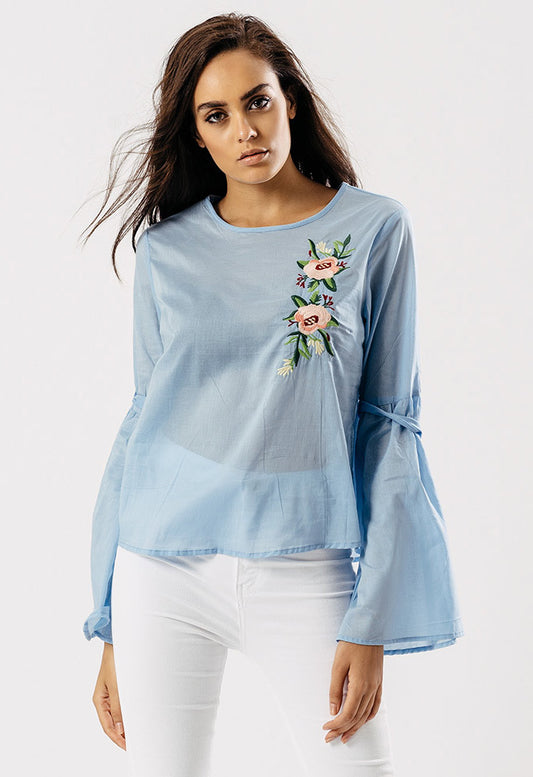 Blue Flare Sleeve Embroidered Top