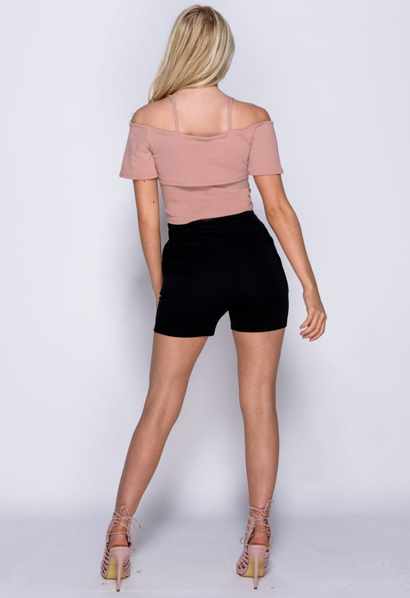 Rose Cold Shoulder Frill Detail Crop Top