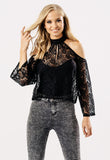 Black Cold Shoulder Lace Choker Neck Flute Sleeve Top