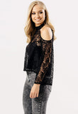 Black Cold Shoulder Lace Choker Neck Flute Sleeve Top