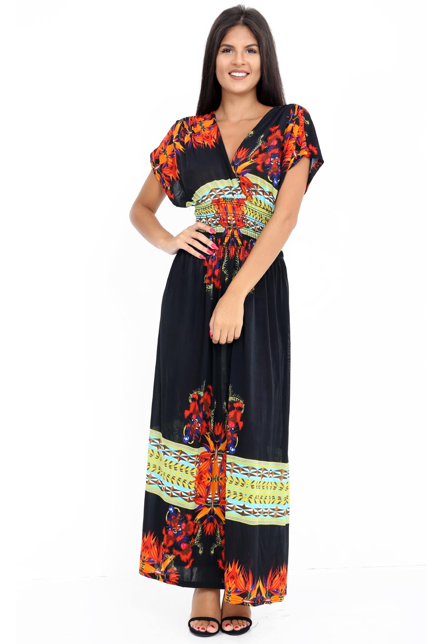 Black Wrap Front V Neck Short Sleeve Maxi Dress