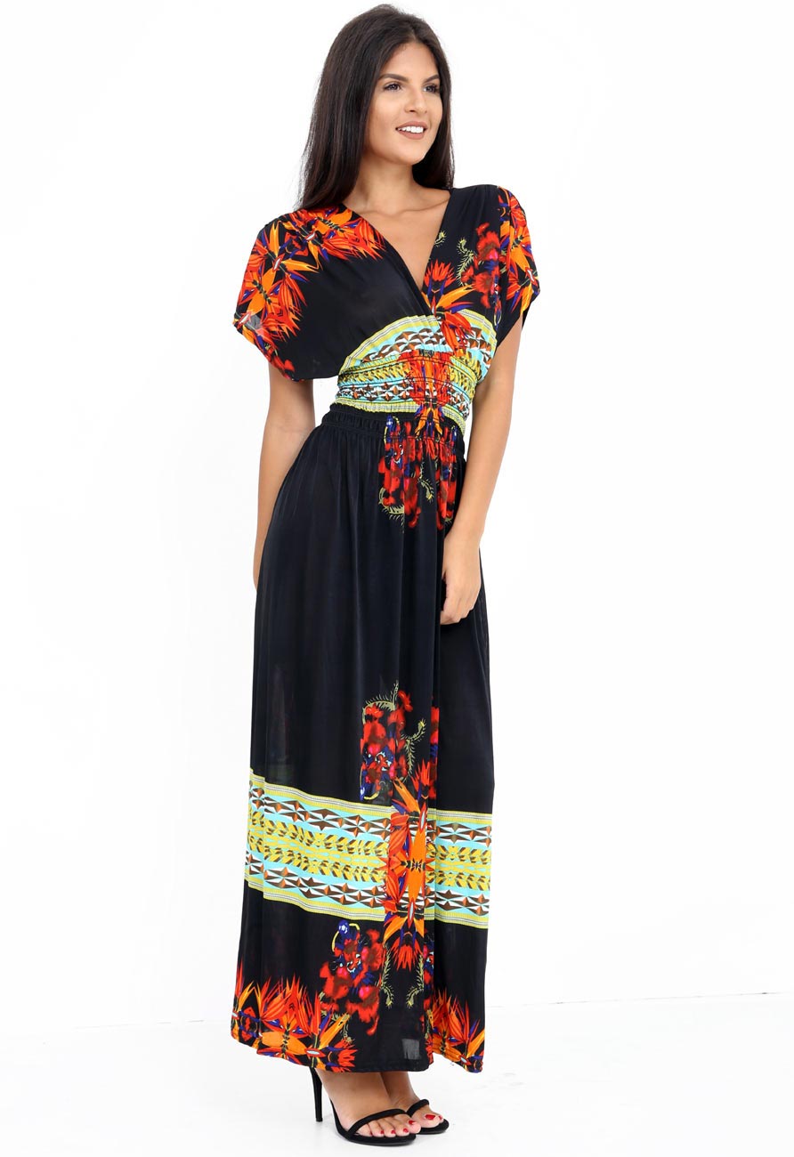 Black Wrap Front V Neck Short Sleeve Maxi Dress