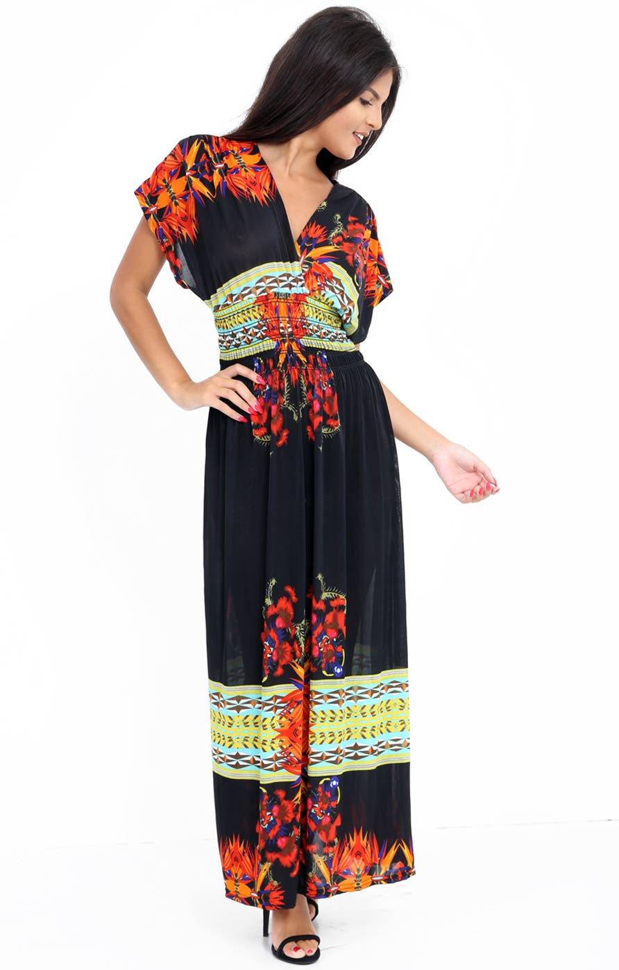 Black Wrap Front V Neck Short Sleeve Maxi Dress