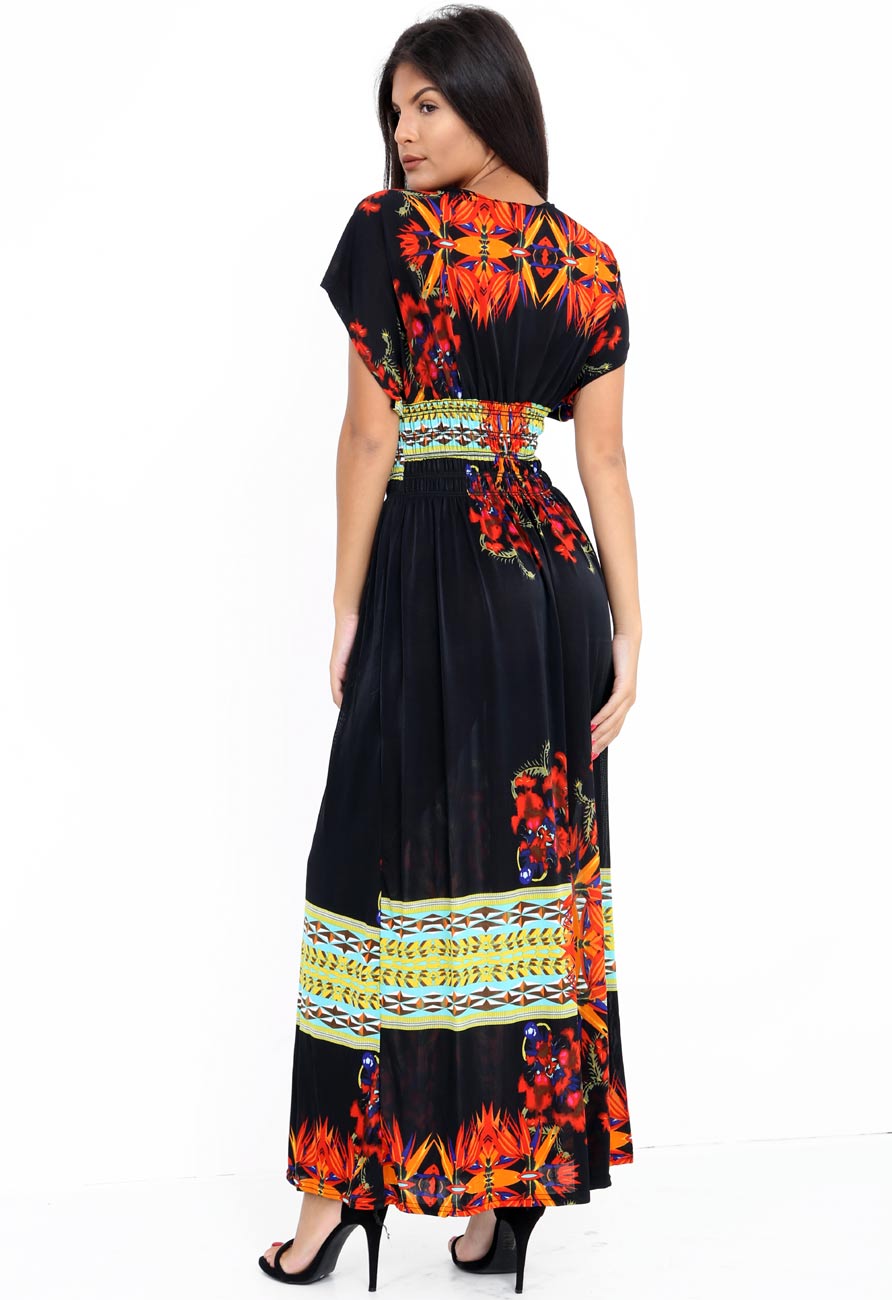 Black Wrap Front V Neck Short Sleeve Maxi Dress