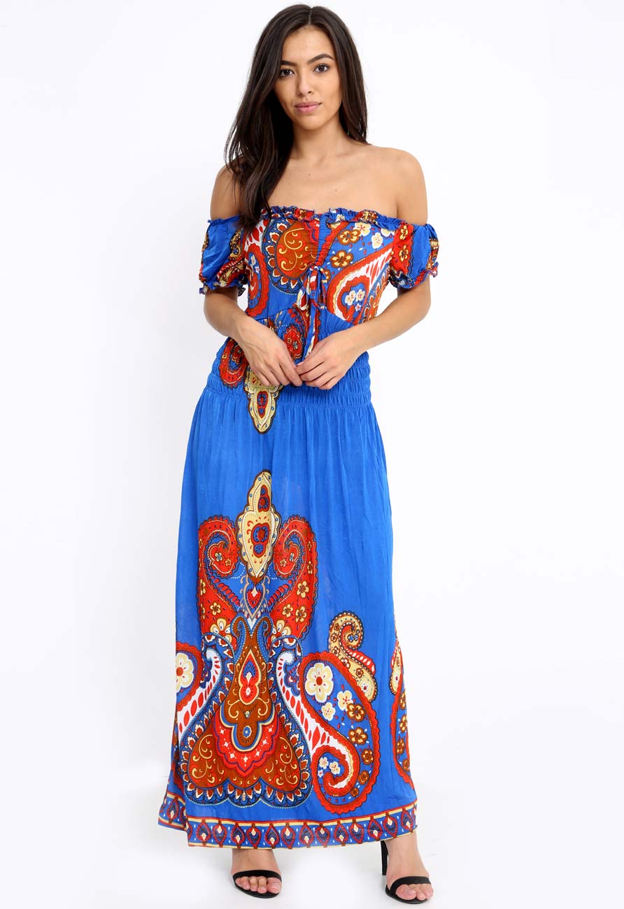 Blue Paisley Print Bardot Maxi Dress