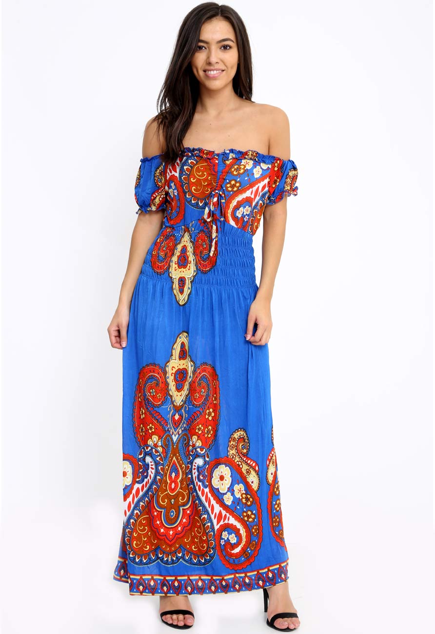 Blue Paisley Print Bardot Maxi Dress