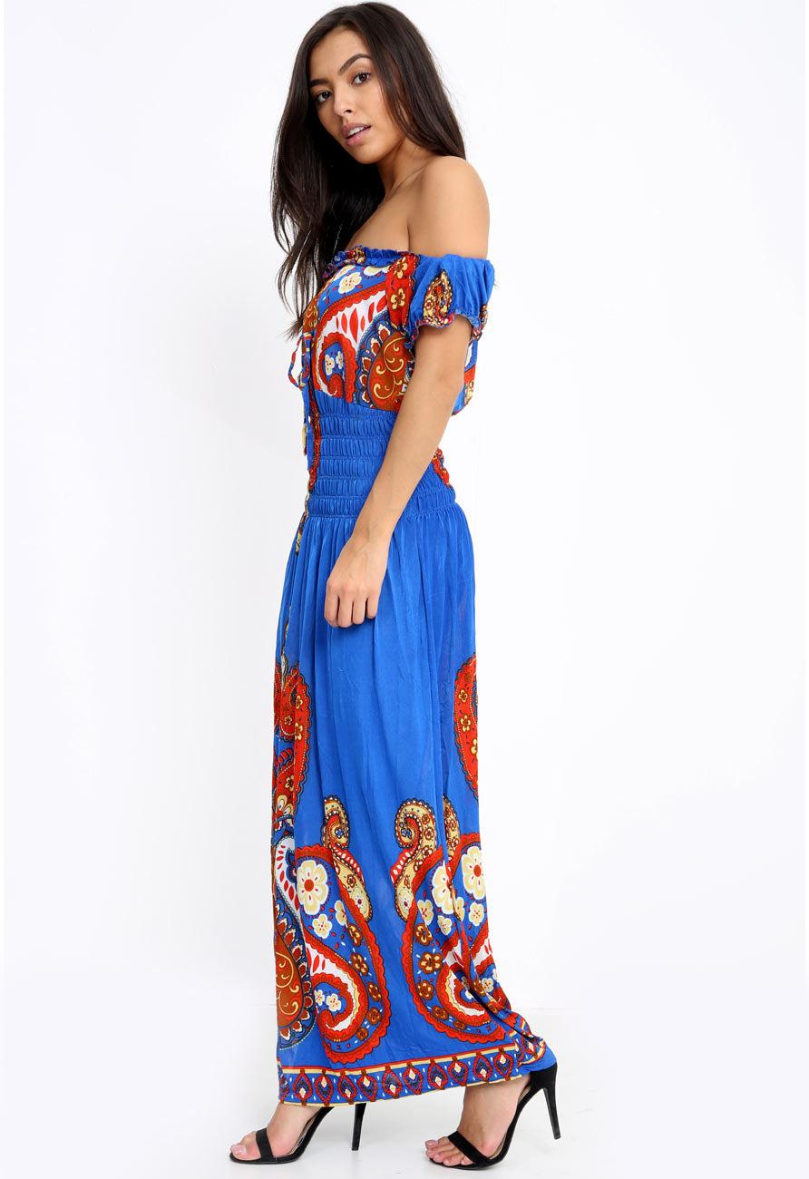 Blue Paisley Print Bardot Maxi Dress