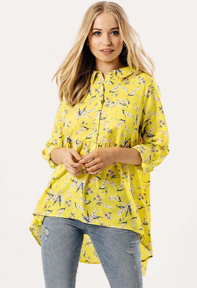 Yellow Floral Print Button Down Dip Hem Shirt